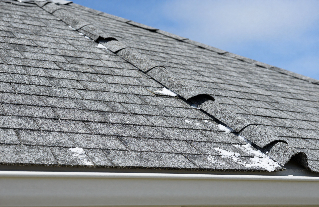Weathered asphalt shingle roof on a Bahamian house showing salt-air wear