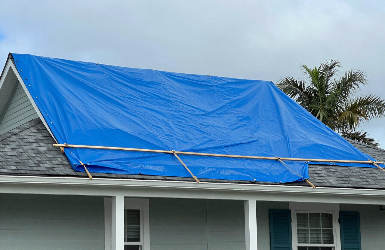 Blue emergency tarp securing a storm-damaged roof on a home in New Providence, Bahamas after a hurricane