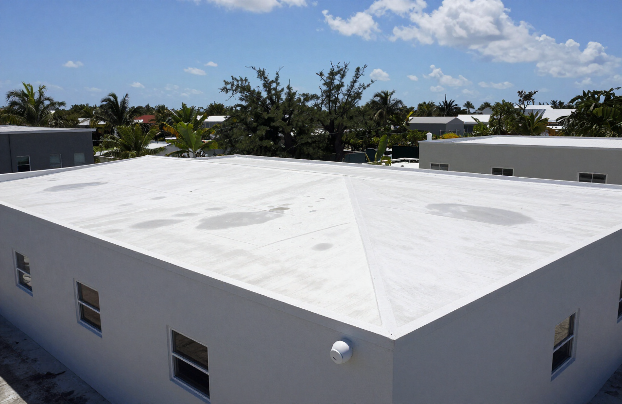 Flat membrane roof with ponding water on a small building in Nassau, Bahamas