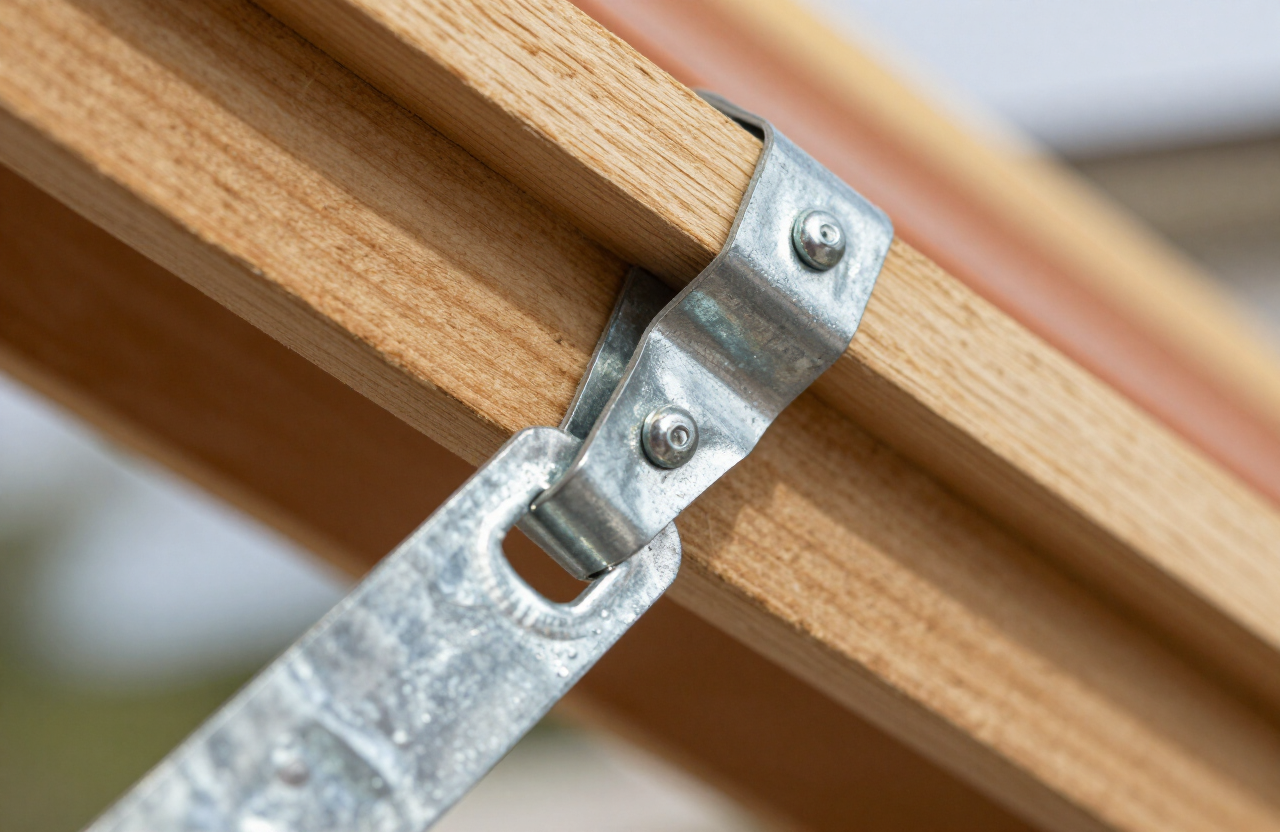 Close-up of galvanized hurricane straps fastening roof rafters on a Bahamian home in New Providence