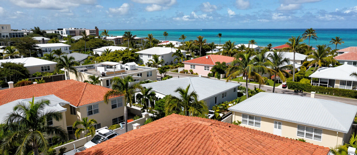 Aerial view of tile and metal rooftops along the coast of New Providence, Nassau, Bahamas