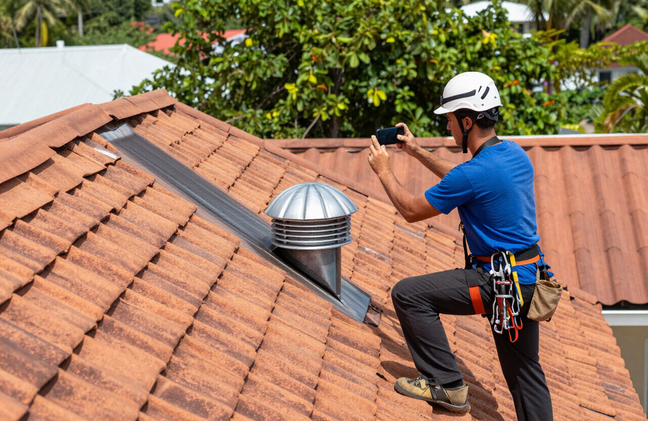 Roofer inspecting flashing around a vent to find a roof leak on a Bahamian home in New Providence