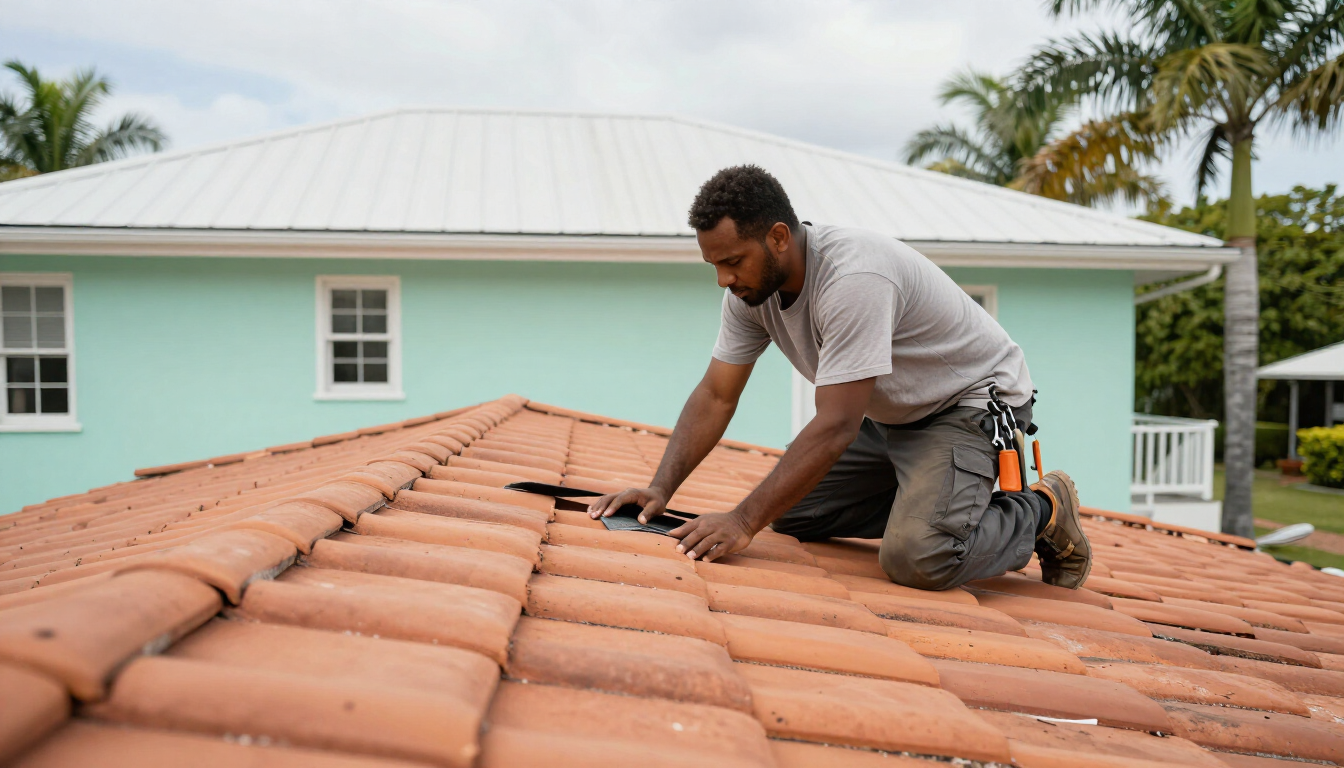 Roofer replacing concrete tiles on a pastel Bahamian home in Nassau, New Providence