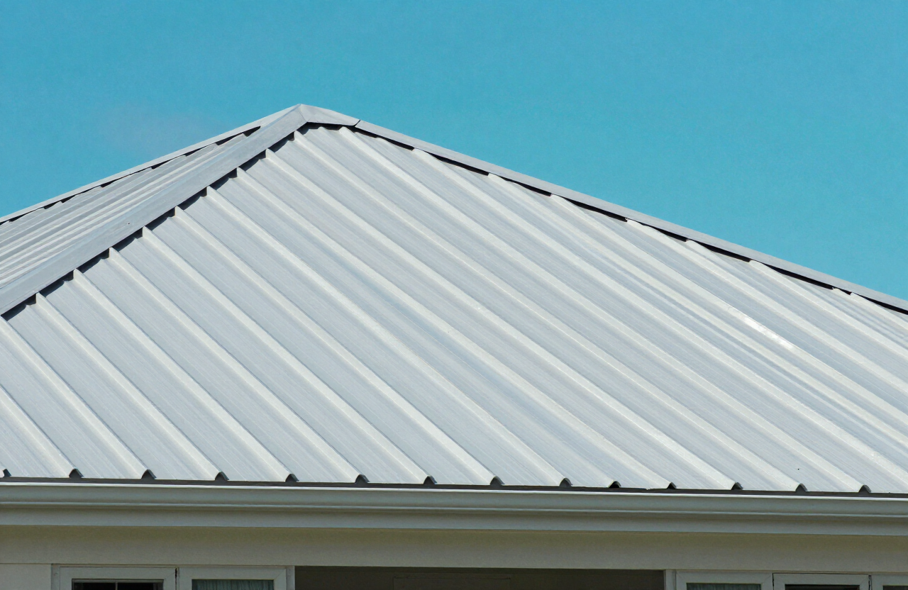 Standing-seam metal roof against a turquoise Bahamian sky in New Providence